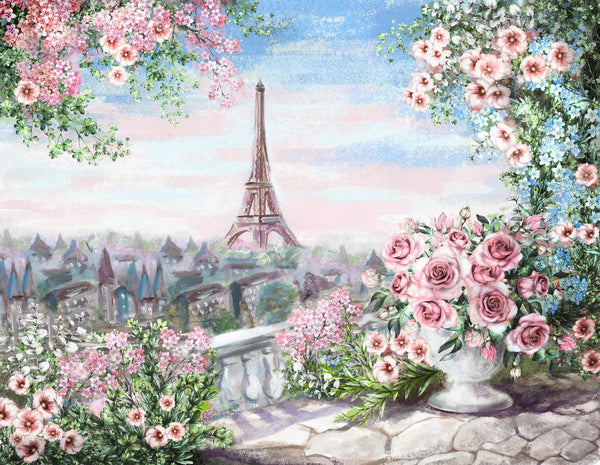 Fresco Wallpaper, Non Woven, Painted Paris City Wallaper, Pink Blossom City View Wall Mural