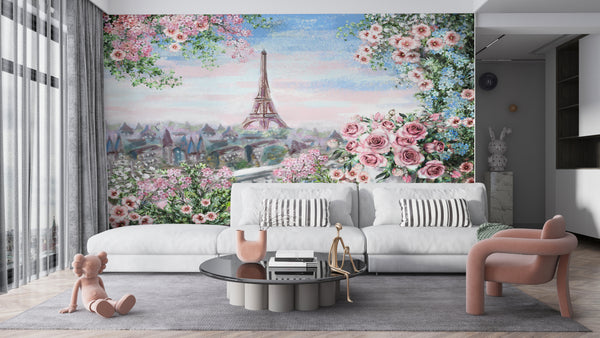 Fresco Wallpaper, Non Woven, Painted Paris City Wallaper, Pink Blossom City View Wall Mural