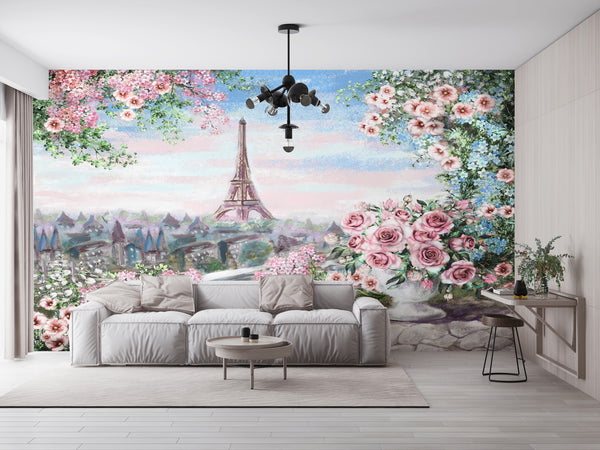 Fresco Wallpaper Mural | Pink Blossom City View Wall Mural