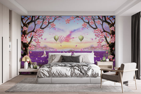 Fresco Wallpaper, Non Woven, Purple Lavender View Wallpaper, Hot Air Balloons Wall Mural