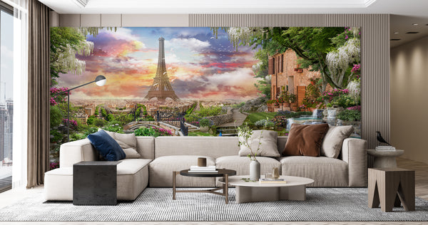Fresco Wallpaper Mural | Tour Eiffel and Gardern View on City Wallpaper