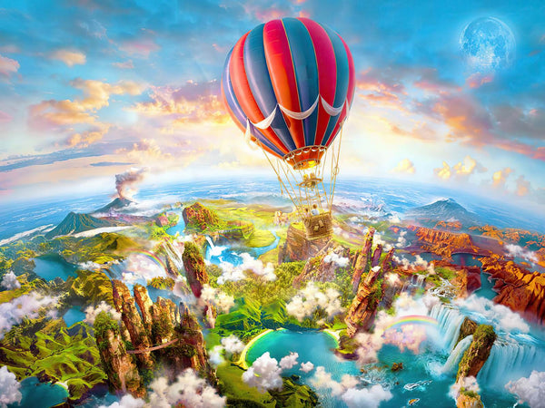 Fresco Wallpaper, Non Woven, Hot Air Balloon over Colorful Tropical View Walllpaper, Mountains and Waterfall Wall Mural