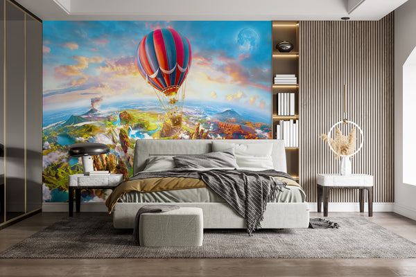 Fresco Wallpaper, Non Woven, Hot Air Balloon over Colorful Tropical View Walllpaper, Mountains and Waterfall Wall Mural