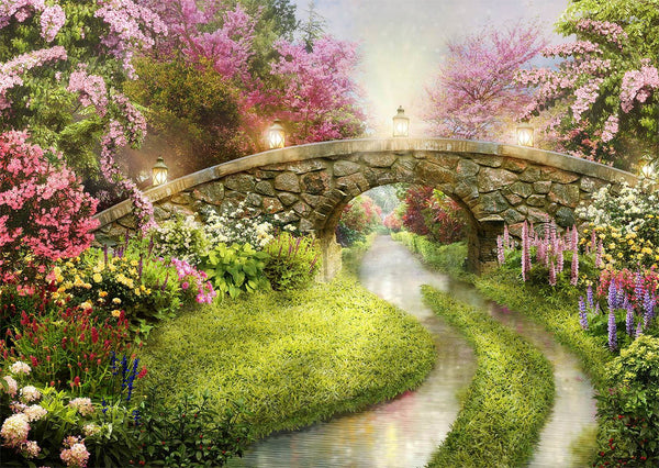 Fresco Wallpaper, Non Woven, Bridge and Floral Garden Wallpaper, Fairytale Bridge Wall Mural