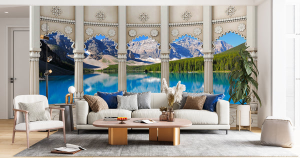 Fresco Wallpaper | Mid Century Modern Snow Mountain Forest Blue Lake Wall Mural