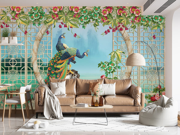 Fresco Wallpaper Mural | Peacock Birds Wallpaper