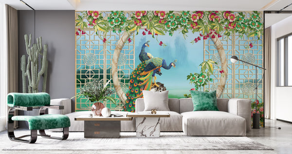 Fresco Wallpaper, Non Woven, Peacock Birds Wallpaper, Chinese Style Wall Mural