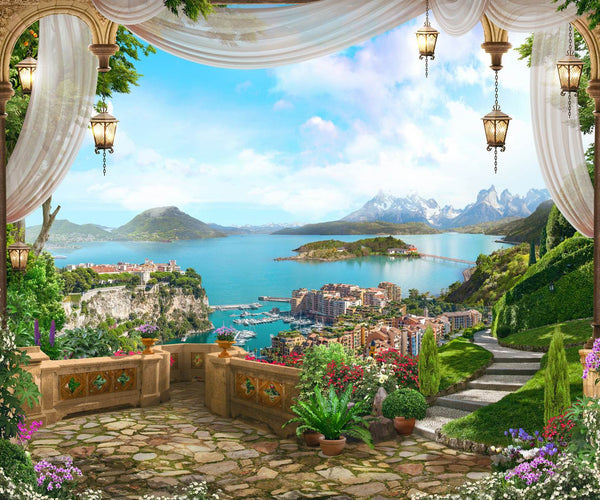 Fresco Wallpaper, Coast of Italian Provence Wallpaper, Mountain & Lake Landscape Wall Mural