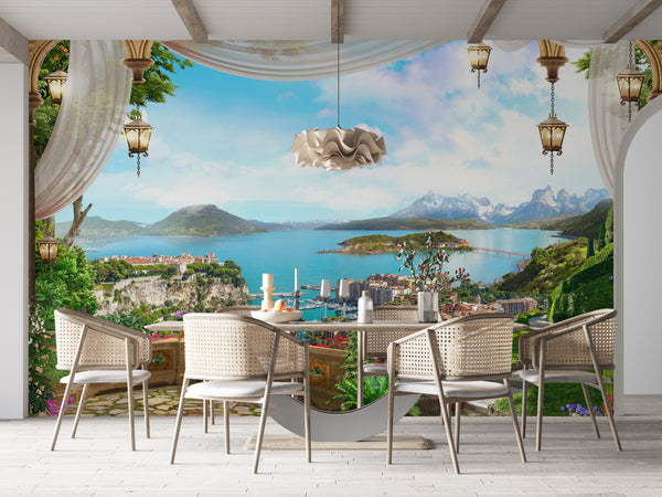 Fresco Wallpaper, Coast of Italian Provence Wallpaper, Mountain & Lake Landscape Wall Mural