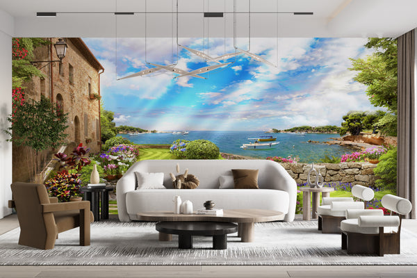 Fresco Wallpaper, Flower Garden and Sea View Wallpaper, Sea View Wall Mural