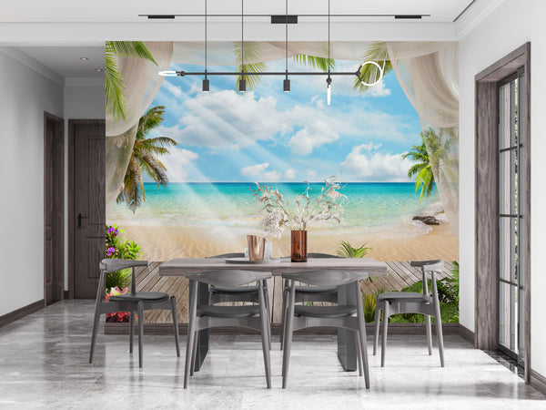 Fresco Wallpaper, Non Woven, Beach View Wallpaper, Hawaii Beach and Ocean Wall Mural