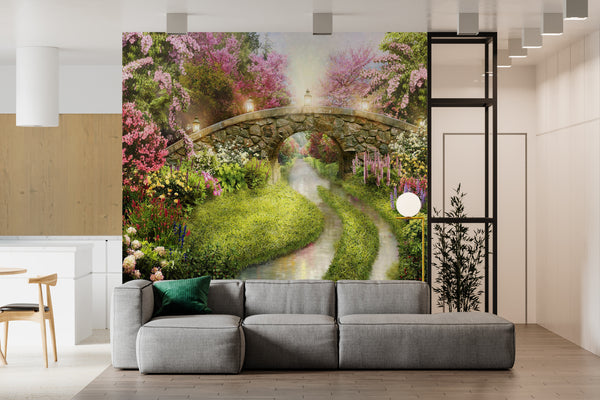 Fresco Wallpaper Mural | Bridge and Floral Garden Wallpaper