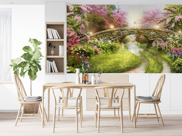 Fresco Wallpaper, Non Woven, Bridge and Floral Garden Wallpaper, Fairytale Bridge Wall Mural