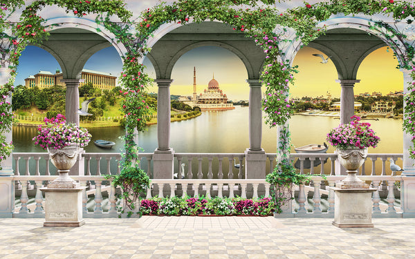 Fresco Wallpaper, Non Woven, Arched City Wallpaper, Evening View Wall Mural