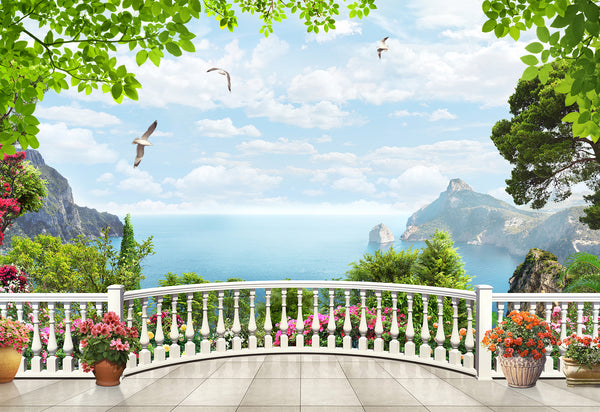 Fresco Wallpaper, Non Woven, Balcony View Wallpaper, Mountain & Lake Landscape Wall Mural