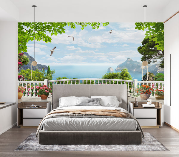 Fresco Wallpaper, Non Woven, Balcony View Wallpaper, Mountain & Lake Landscape Wall Mural