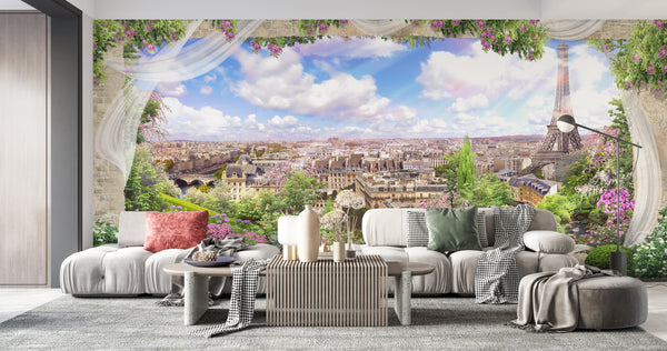 Fresco Wallpaper, Non Woven, Window View on Paris City Wallpaper, Eiffel Tower View Wall Mural