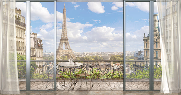 Fresco Wallpaper, Non Woven, Eiffel Tower from Balcony Wallpaper, French Window Wall Mural