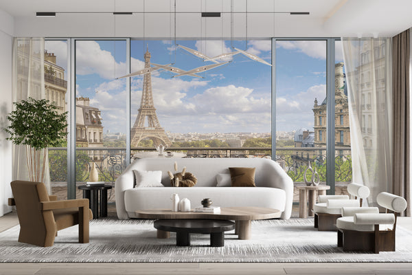 Fresco Wallpaper, Non Woven, Eiffel Tower from Balcony Wallpaper, French Window Wall Mural