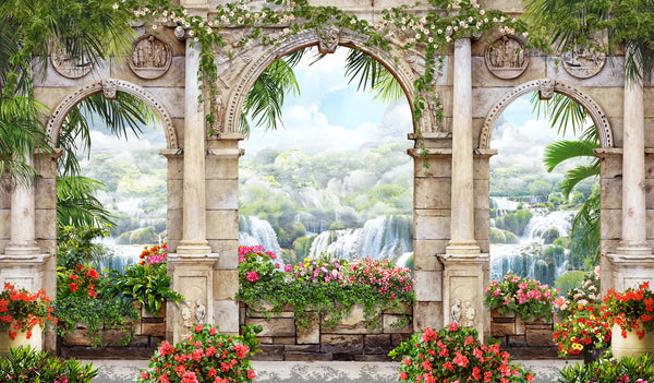 Fresco Wallpaper, Non Woven, Waterfall Landscape Wallpaper, Arched Columns Wall Mural