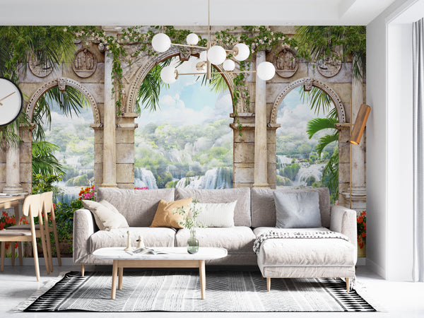 Fresco Wallpaper, Non Woven, Waterfall Landscape Wallpaper, Arched Columns Wall Mural