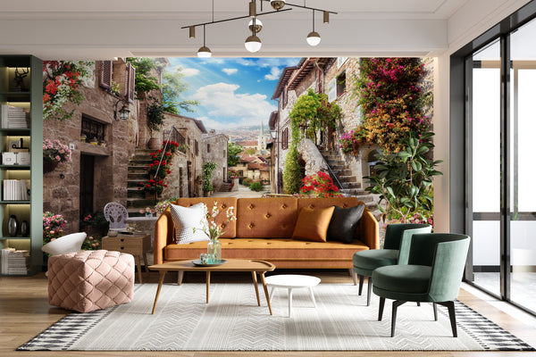 Fresco Wallpaper, Non Woven, Old City Wallpaper, European Provence Avenue Wall Mural