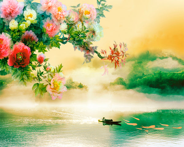 Fresco Wallpaper, Non Woven, Fisherman on Boat Wallpaper, Foggy Lake Wall Mural, Chinese Landscape Mural