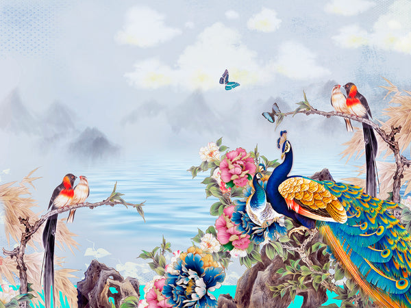 Fresco Wallpaper, Non Woven, Peacock and Birds Wallpaper, Chinese Mountain Wall Mural