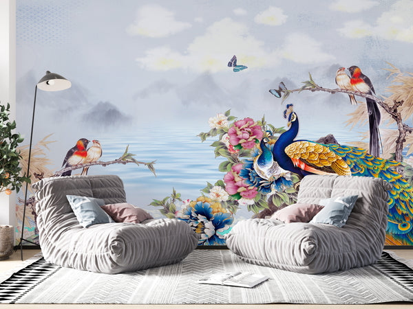 Fresco Mural | Peacock and Birds Wallpaper