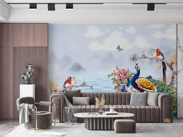 Fresco Wallpaper, Non Woven, Peacock and Birds Wallpaper, Chinese Mountain Wall Mural