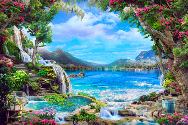 Fresco Wallpaper, Non Woven, Colorful Landscape Wallpaper, Mountain Lake View Wall Mural