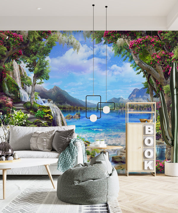 Fresco Wallpaper, Non Woven, Colorful Landscape Wallpaper, Mountain Lake View Wall Mural