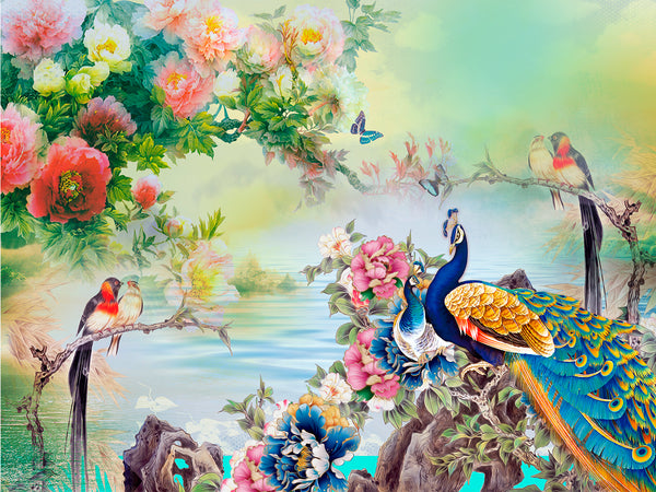 Fresco Wallpaper, Non Woven, Colorful Birds and Flower Wallpaper, Peacock & Birds Wall Mural