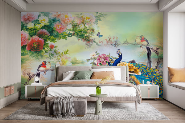 Fresco Wallpaper, Non Woven, Colorful Birds and Flower Wallpaper, Peacock & Birds Wall Mural