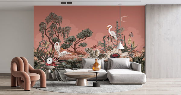 Fresco Wallpaper, Non Woven, Night Heron Wallpaper, Chinoiserie Wall Mural