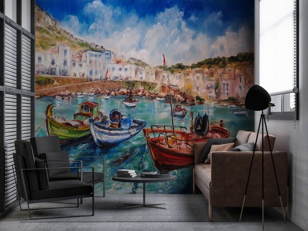 Fresco Wallpaper, Non Woven, Sailing Boat in the Sea Wallpaper, Sea View Wall Mural