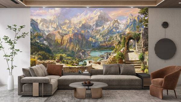 Fresco Wallpaper, Non Woven, View on Mountain Landscape and Lake Wallpaper, Wall Mural