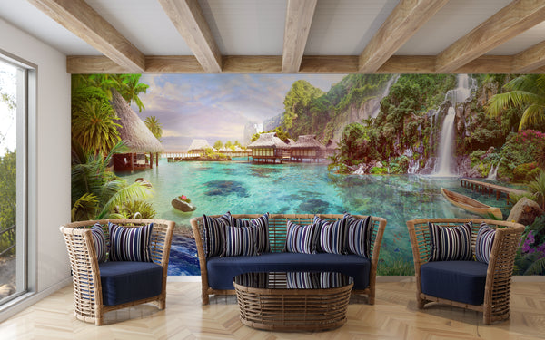 Fresco Wallpaper, Non Woven, Tropical Ocean View Wallpaper, Blue Lagoon Wall Mural