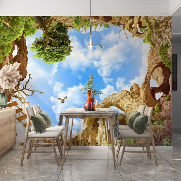 Fresco Wallpaper, Non Woven, Sky View Wallpaper, Birds and Trees Wall Mural