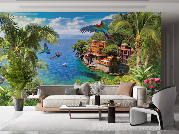 Fresco Wallpaper, Non Woven, Tropical Island Wallpaper, Colorful Parrot Birds Wall Mural, Ocean and Palms Mural