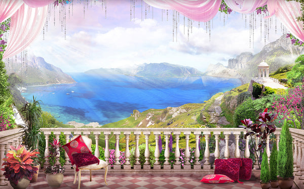 Fresco Wallpaper, Non Woven, Castle Balcony Wallpaper, Colorful Landscape Wall Mural