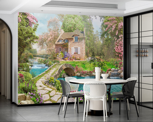 Fresco Wallpaper, Non Woven, Floral Garden and Old House Wallpaper, River & Bridge Wall Mural