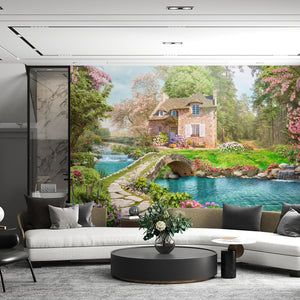 Fresco Wallpaper | Floral Garden and Old House Wallpaper