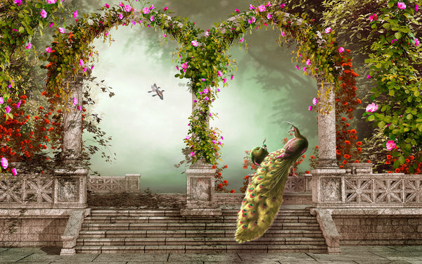 Fresco Wallpaper, Non Woven, Large Peacock Bird in the Garden Wallpaper, Arched Floral Columns Wall Mural