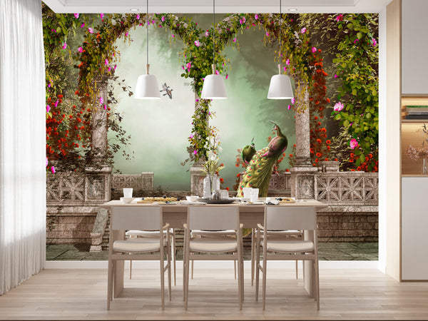 Fresco Wallpaper, Non Woven, Large Peacock Bird in the Garden Wallpaper, Arched Floral Columns Wall Mural