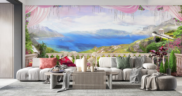 Fresco Wallpaper, Non Woven, Castle Balcony Wallpaper, Colorful Landscape Wall Mural