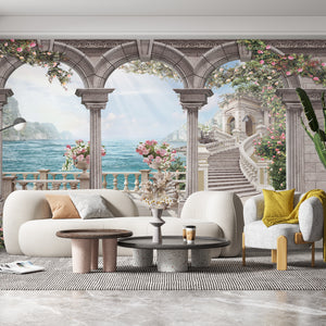 Fresco Wallpaper | Pink flowers and Sea View Wall Mural