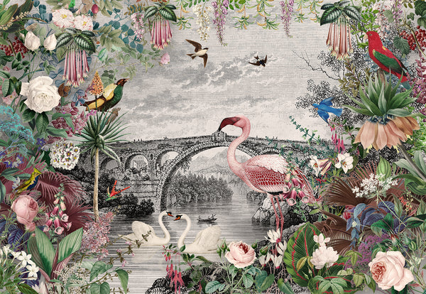 Fresco Wallpaper, Non Woven, Chinoiserie Wallpaper, Pink Flamingo & Tropical Birds Wallpaper