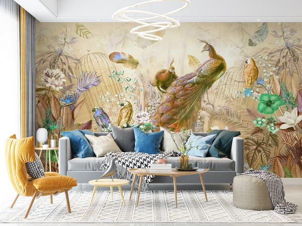 Fresco Mural | Peacock and Birds Wallpaper