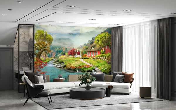 Fresco Wallpaper, Non Woven, Vibrant Landscape Wallpaper, Authentic House in the Forest Wall Mural